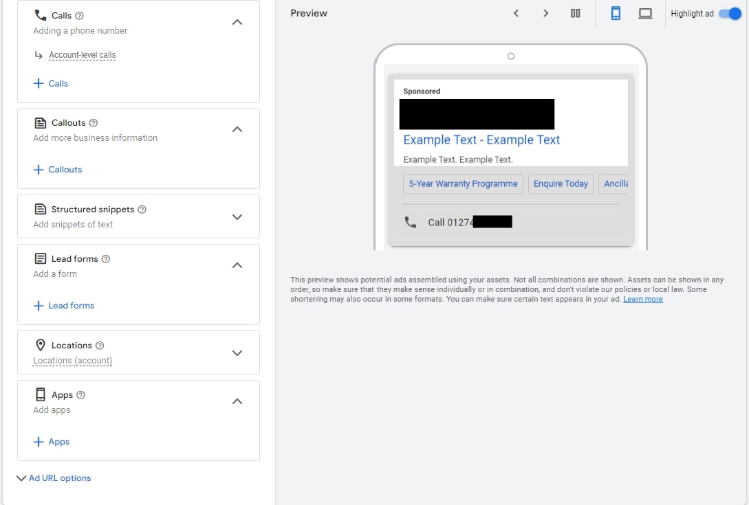 Google Ads Extensions Screenshot