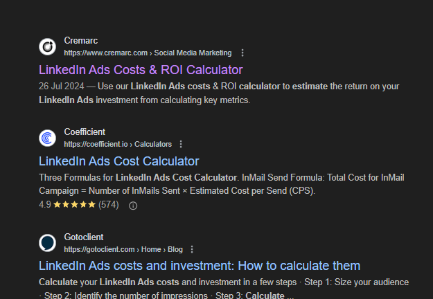 Cremarc high ranking for LinkedIn Cost Calculator content